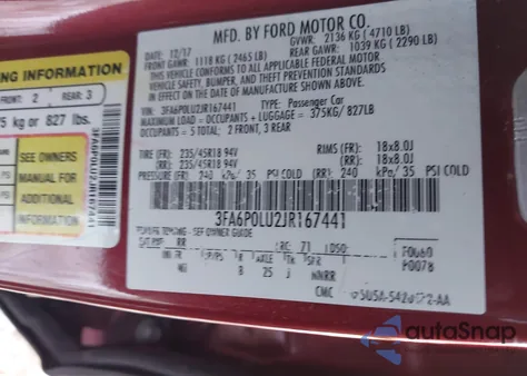 2018 Ford Fusion Hybrid Se z USA, uszkodzony, nr VIN 3FA6P0LU2JR167441